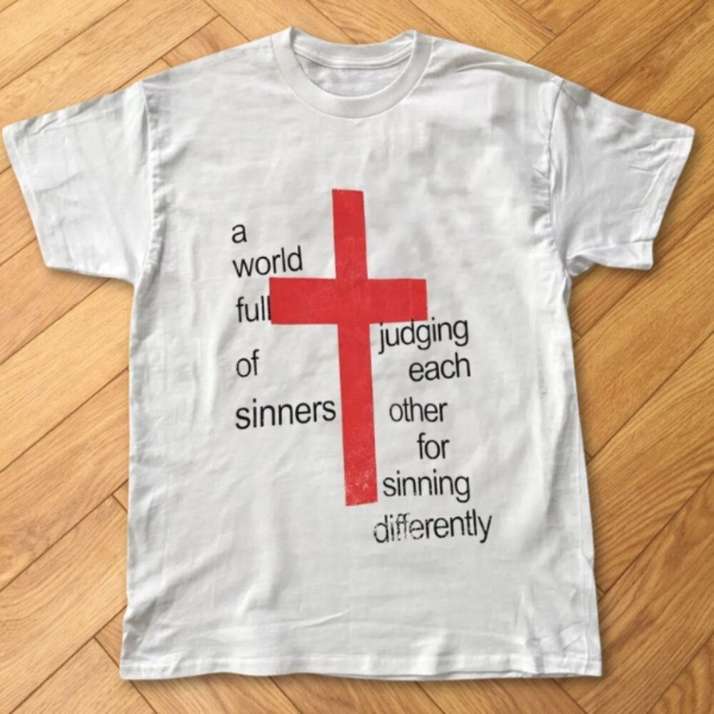 Sinners Red Cross Quote Graphic Tee Minimal Statement Shirt